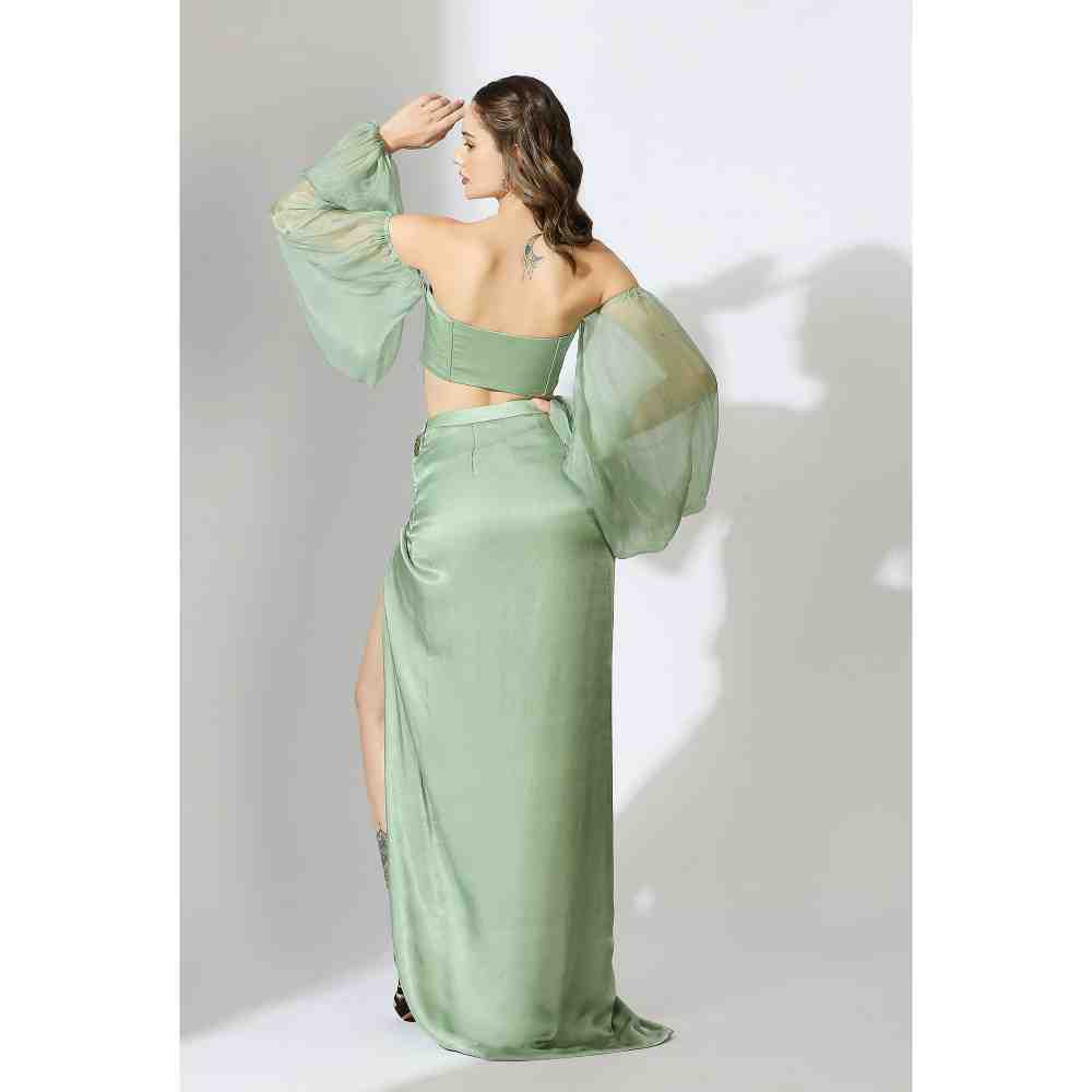 Masumi Mewawalla Sage Green Off Shoulder Corset Top with Draped Skirt (Set of 2)
