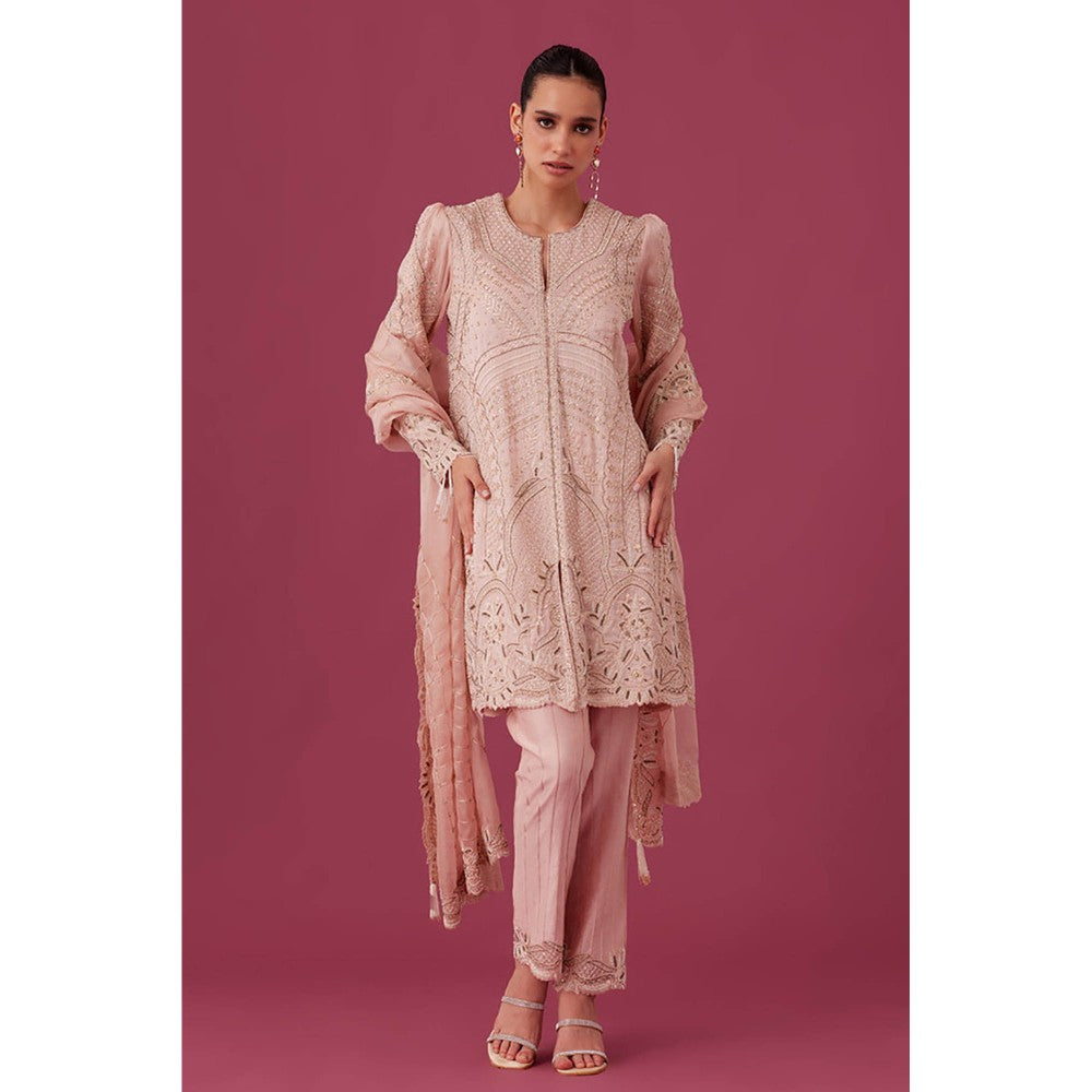 MEDHA BATRA Embroidered Organza Kurta with Pin Tucks Pant & Organza Dupatta Pink (Set of 3)
