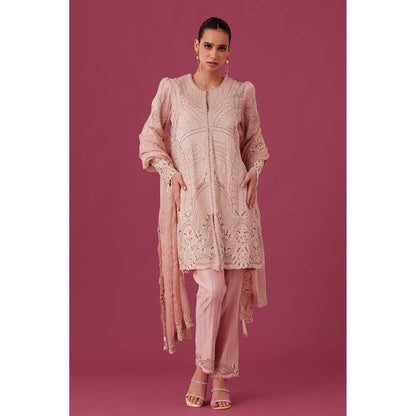 MEDHA BATRA Embroidered Organza Kurta with Pin Tucks Pant & Organza Dupatta Pink (Set of 3)