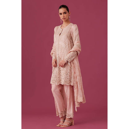 MEDHA BATRA Embroidered Organza Kurta with Pin Tucks Pant & Organza Dupatta Pink (Set of 3)