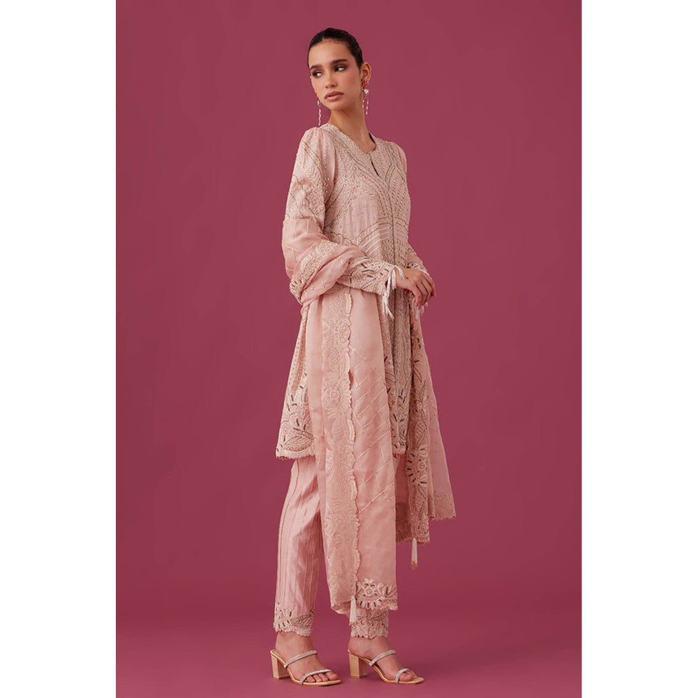 MEDHA BATRA Embroidered Organza Kurta with Pin Tucks Pant & Organza Dupatta Pink (Set of 3)