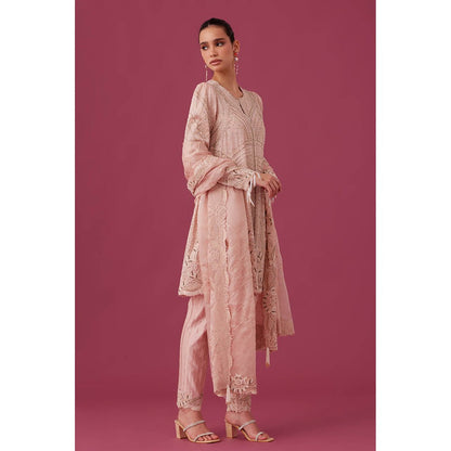 MEDHA BATRA Embroidered Organza Kurta with Pin Tucks Pant & Organza Dupatta Pink (Set of 3)