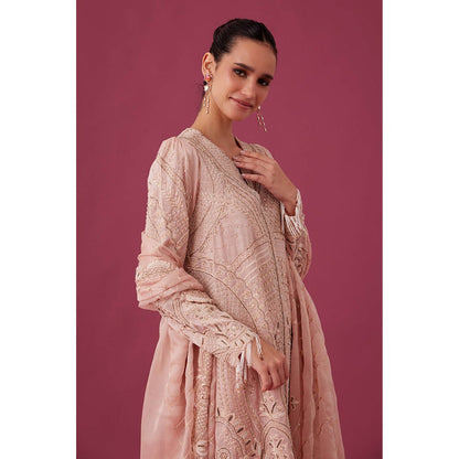 MEDHA BATRA Embroidered Organza Kurta with Pin Tucks Pant & Organza Dupatta Pink (Set of 3)