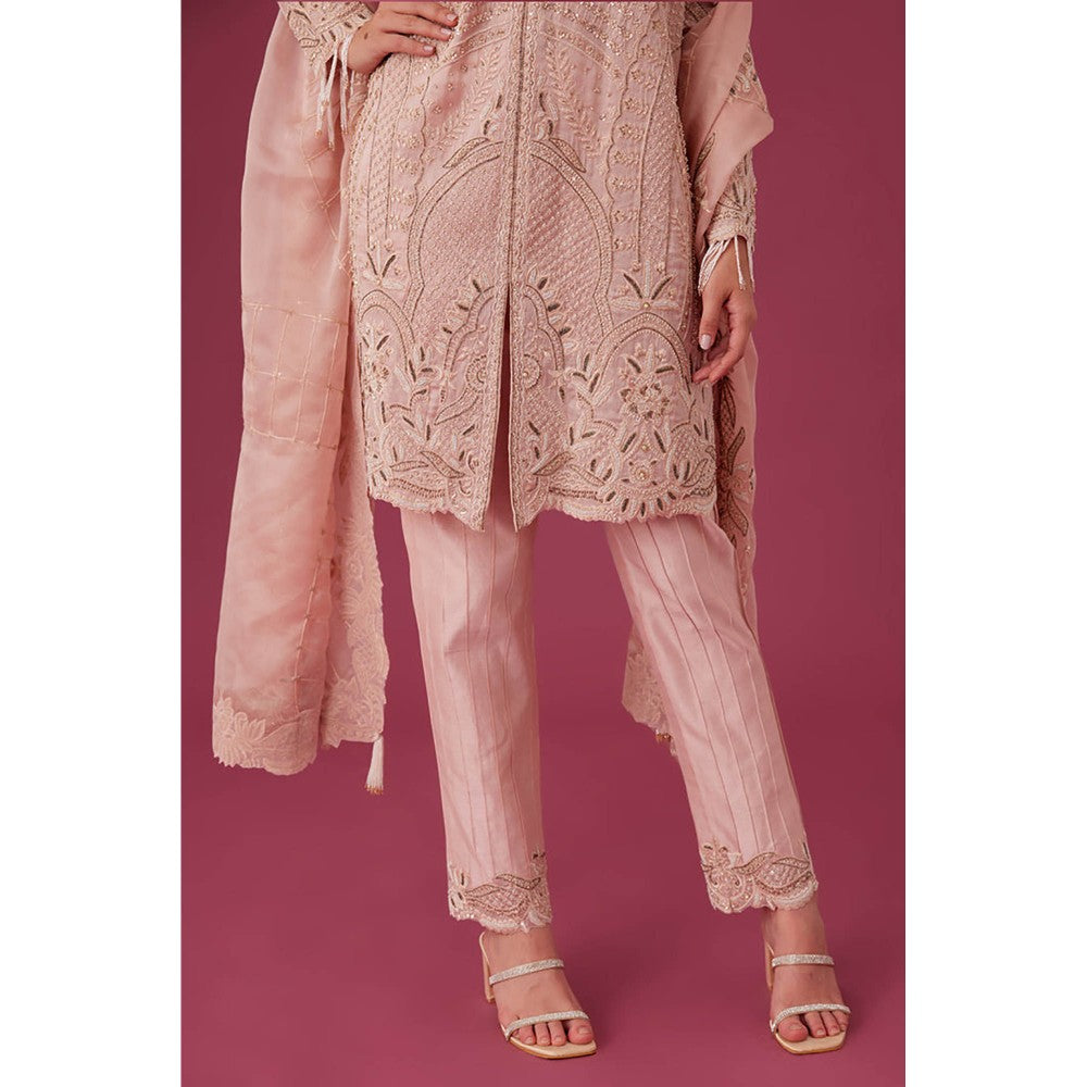 MEDHA BATRA Embroidered Organza Kurta with Pin Tucks Pant & Organza Dupatta Pink (Set of 3)