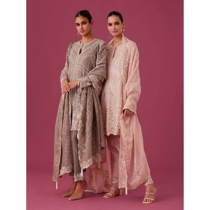 MEDHA BATRA Embroidered Organza Kurta with Pin Tucks Pant & Organza Dupatta Pink (Set of 3)