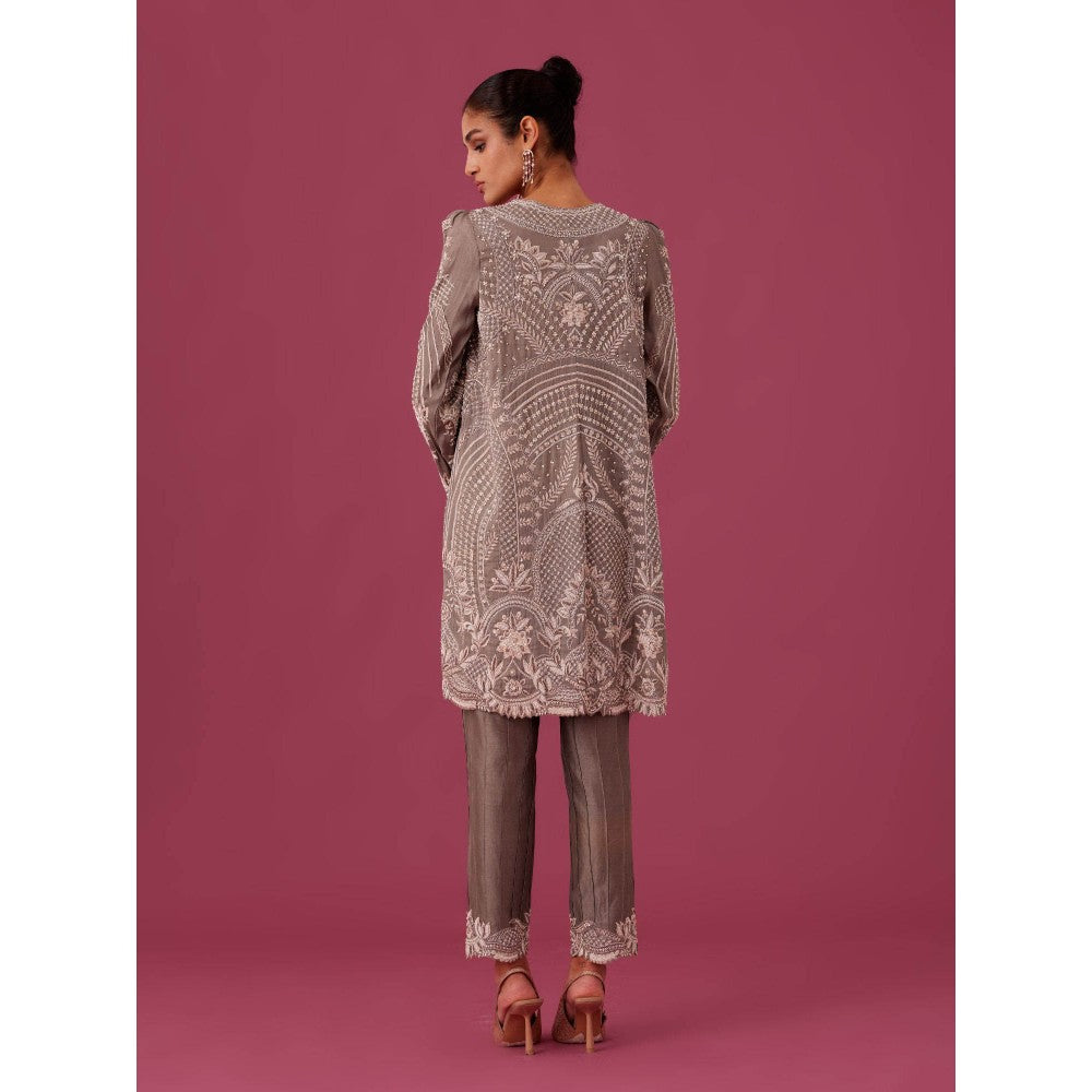MEDHA BATRA Embroidered Organza Kurta with Pin Tucks Pant & Organza Dupatta Grey (Set of 3)