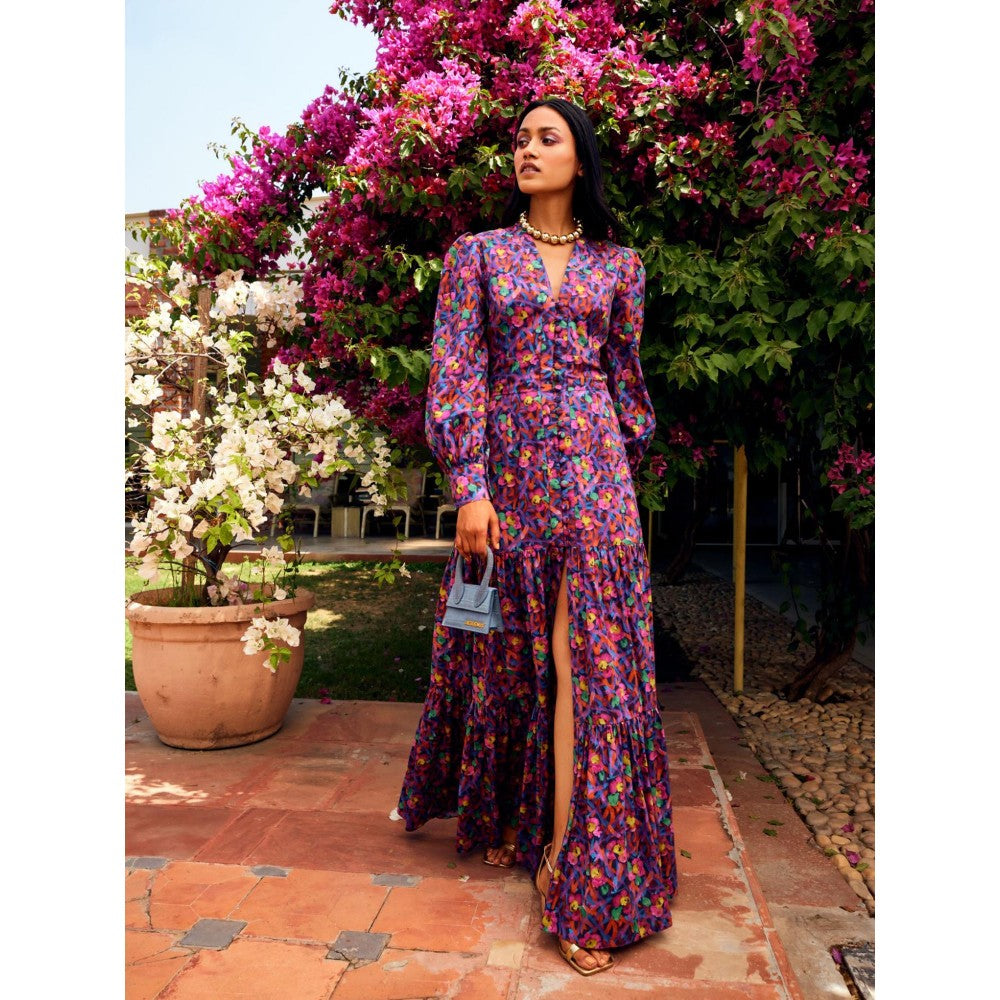 MEDHA BATRA Floral Long Print Dress with Center Slit