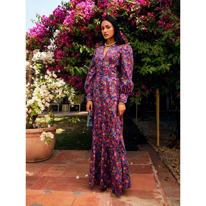 MEDHA BATRA Floral Long Print Dress with Center Slit