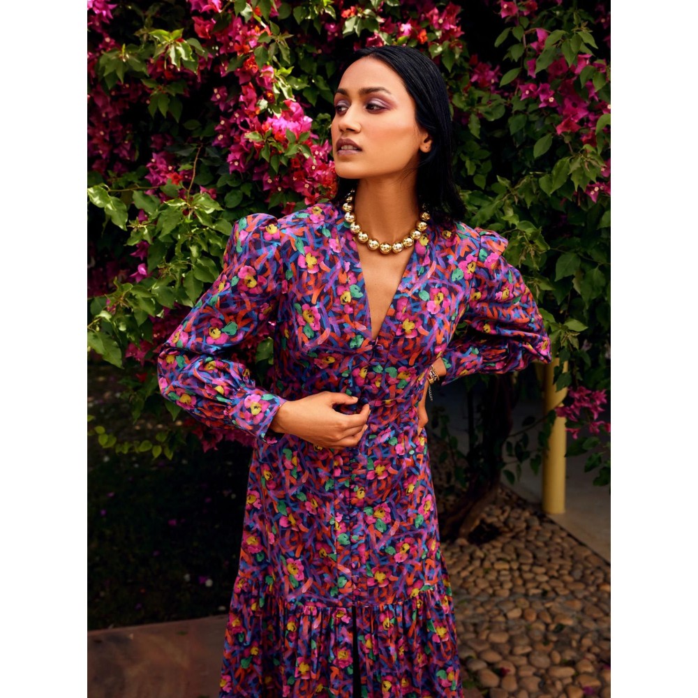 MEDHA BATRA Floral Long Print Dress with Center Slit