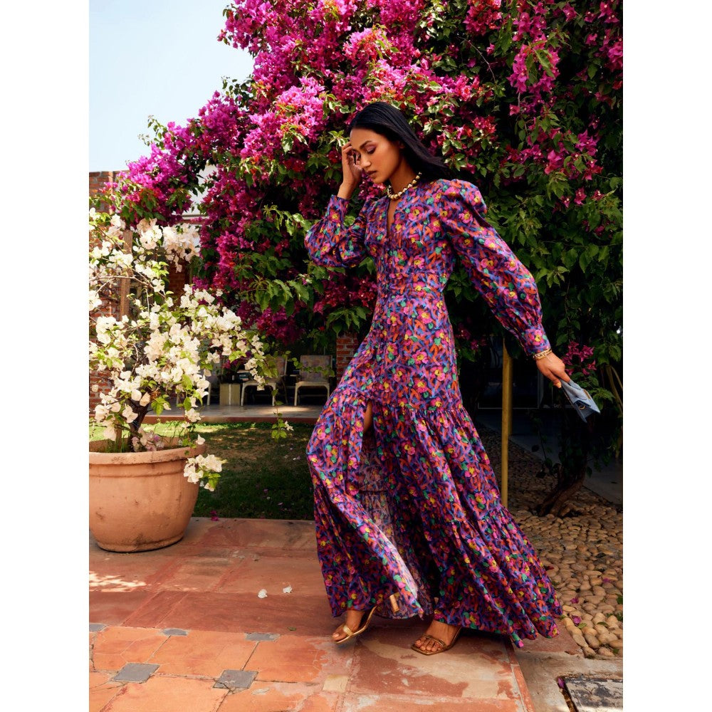 MEDHA BATRA Floral Long Print Dress with Center Slit