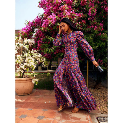 MEDHA BATRA Floral Long Print Dress with Center Slit