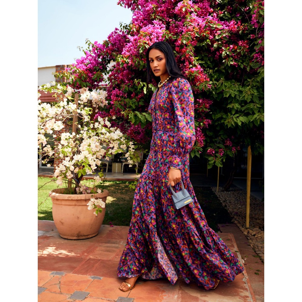 MEDHA BATRA Floral Long Print Dress with Center Slit