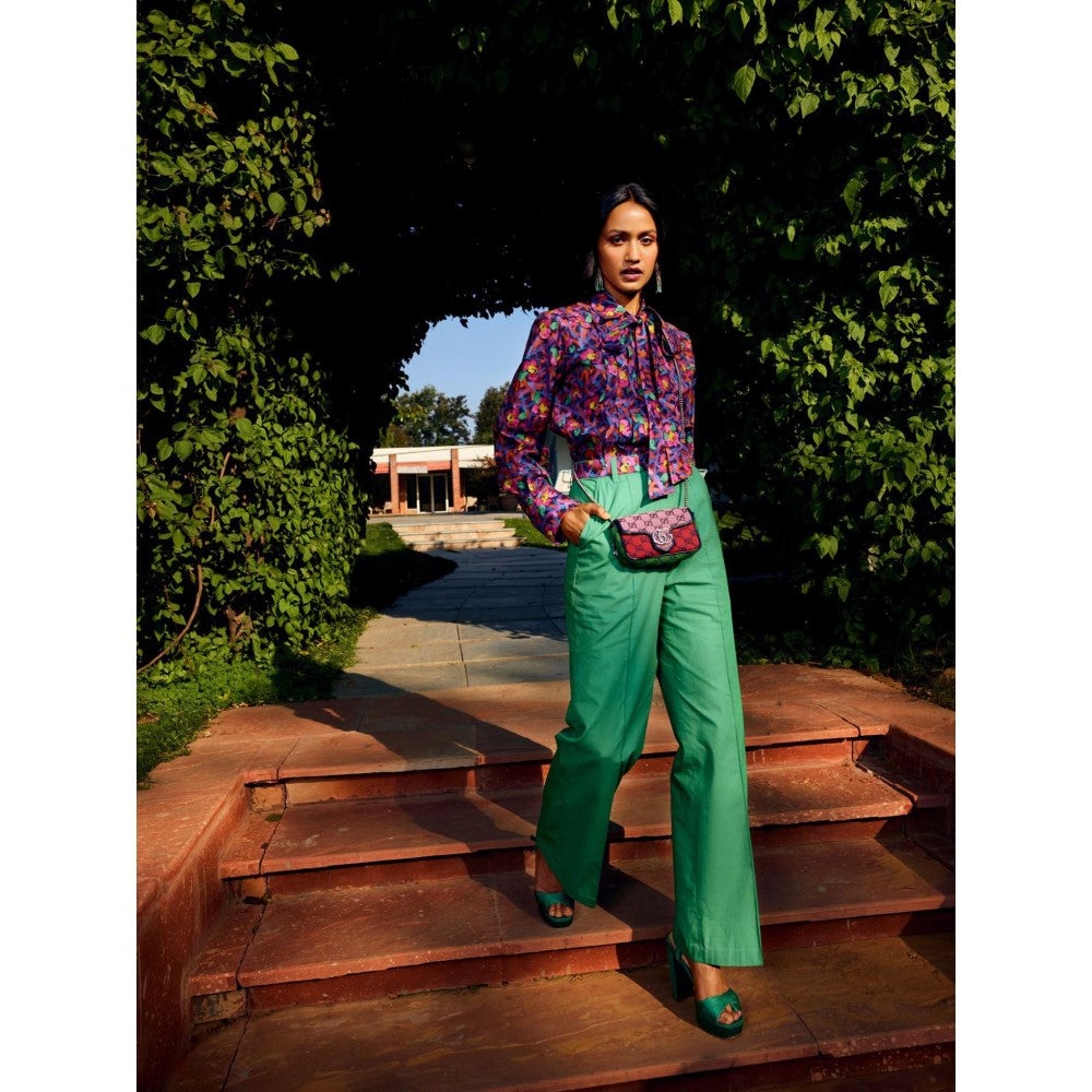 MEDHA BATRA Multi Floral Pleated Shirt with Solid Green Color Pant (Set of 3)