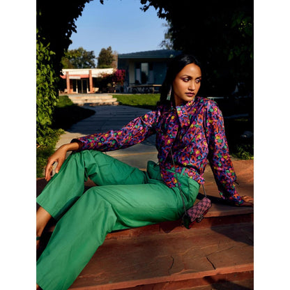 MEDHA BATRA Multi Floral Pleated Shirt with Solid Green Color Pant (Set of 3)