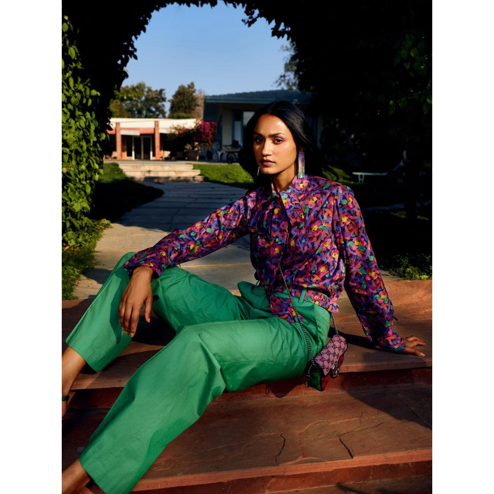 MEDHA BATRA Multi Floral Pleated Shirt with Solid Green Color Pant (Set of 3)