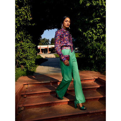 MEDHA BATRA Multi Floral Pleated Shirt with Solid Green Color Pant (Set of 3)