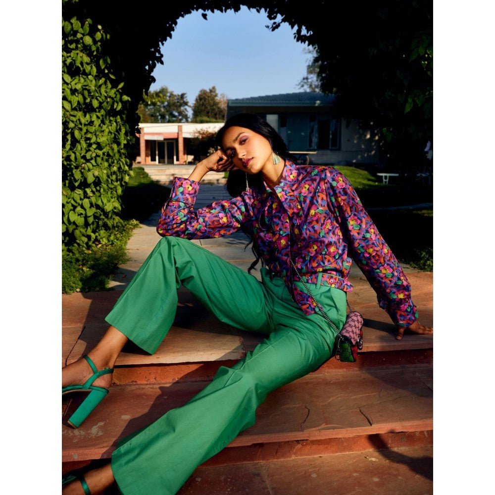 MEDHA BATRA Multi Floral Pleated Shirt with Solid Green Color Pant (Set of 3)