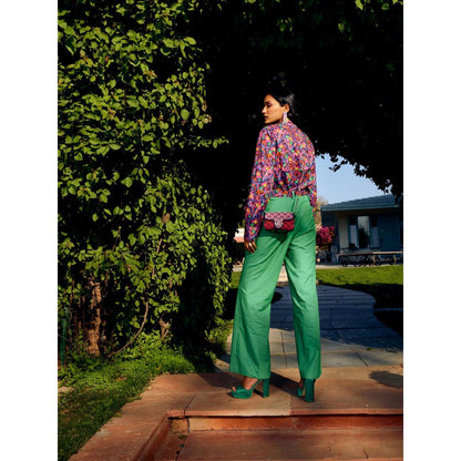 MEDHA BATRA Multi Floral Pleated Shirt with Solid Green Color Pant (Set of 3)