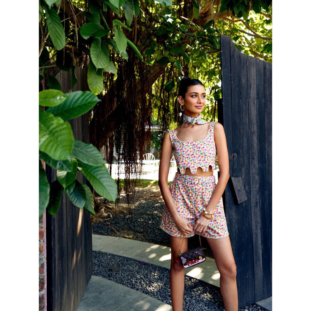 MEDHA BATRA Multi-Color Printed Crop Top And Shorts (Set of 3)