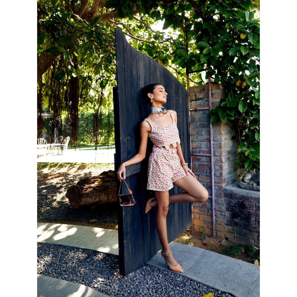 MEDHA BATRA Multi-Color Printed Crop Top And Shorts (Set of 3)