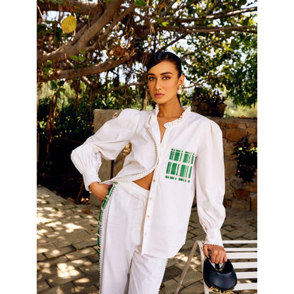 MEDHA BATRA White And Green Full Sleeve Shirt-Pant (Set of 2)