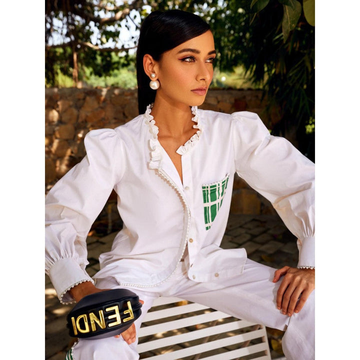 MEDHA BATRA White And Green Full Sleeve Shirt-Pant (Set of 2)