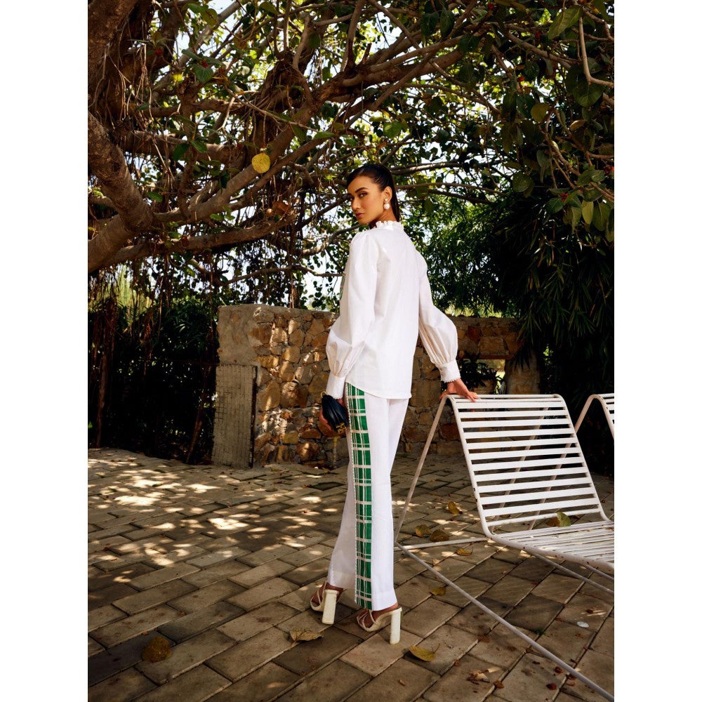 MEDHA BATRA White And Green Full Sleeve Shirt-Pant (Set of 2)