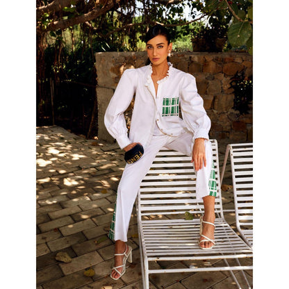 MEDHA BATRA White And Green Full Sleeve Shirt-Pant (Set of 2)
