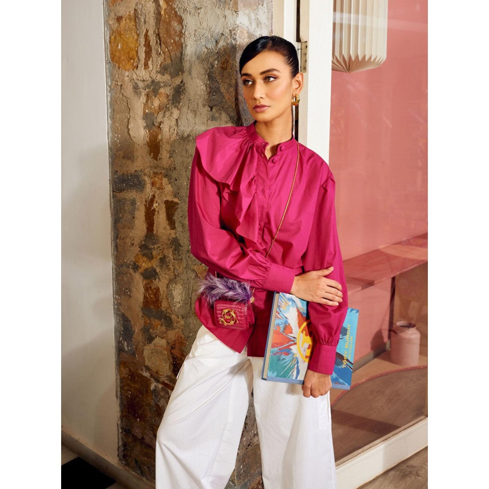 MEDHA BATRA Pink Side Frill Shirt And Cargo Pants (Set of 2)