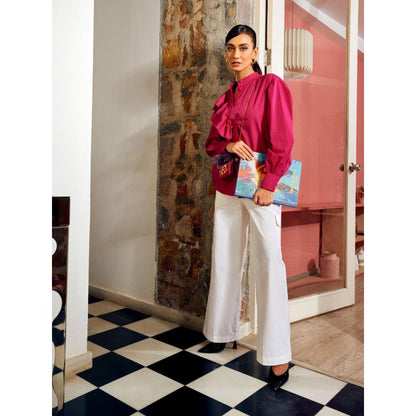 MEDHA BATRA Pink Side Frill Shirt And Cargo Pants (Set of 2)