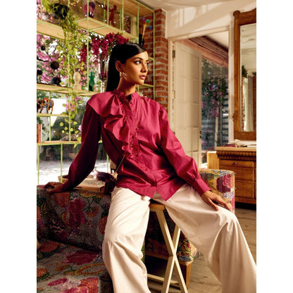 MEDHA BATRA Pink Side Frill Shirt And Cargo Pants (Set of 2)