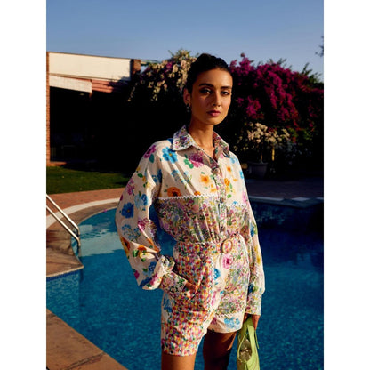 MEDHA BATRA Floral Multi-Color Shirt And Shorts (Set of 3)