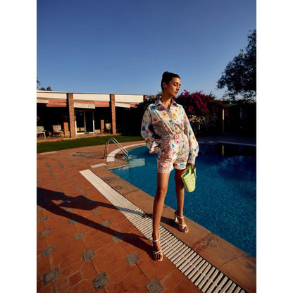 MEDHA BATRA Floral Multi-Color Shirt And Shorts (Set of 3)