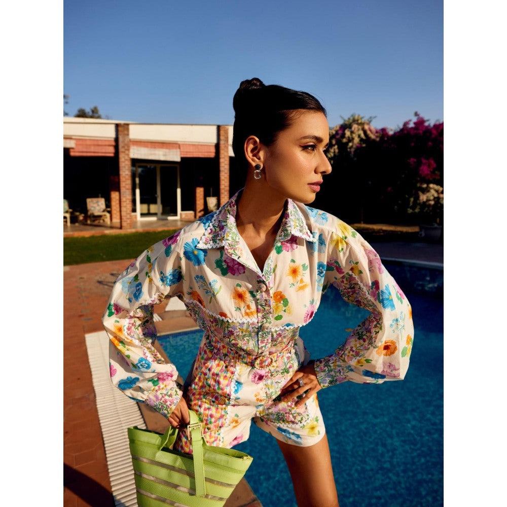 MEDHA BATRA Floral Multi-Color Shirt And Shorts (Set of 3)