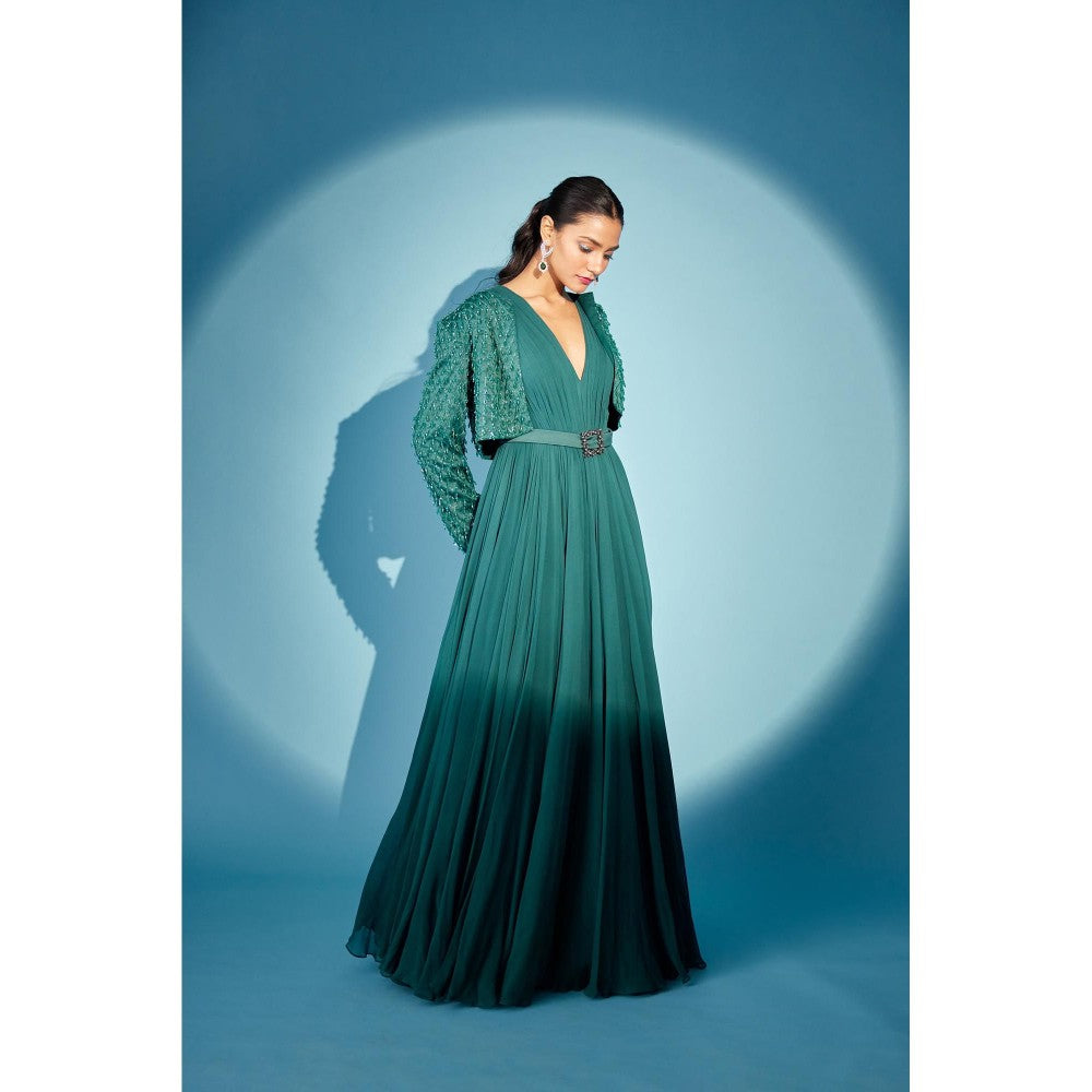 Medha Batra Gathered Gown With Heavy Embroidered Jacket Adorned With Waist Belt (Set of 3)