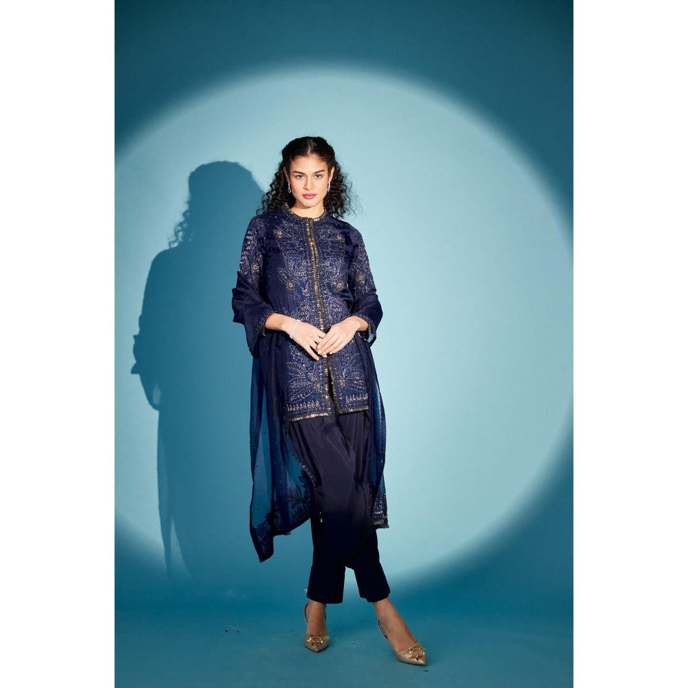 Medha Batra Embellished Navy Blue Kurti With Dhoti Pant (Set of 3)