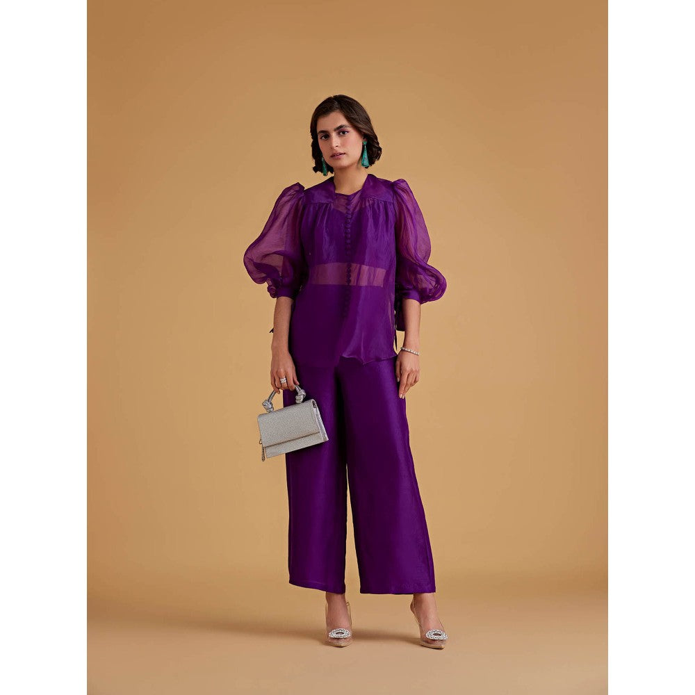 Medha Batra Organza Balloon Full Sleeves Shirt With Bustier & Pants (Set of 3)