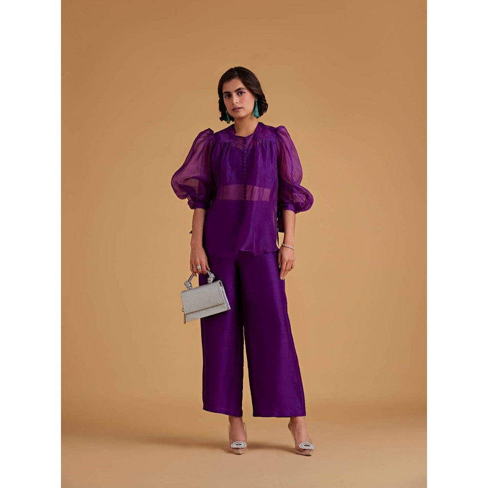 Medha Batra Organza Balloon Full Sleeves Shirt With Bustier & Pants (Set of 3)