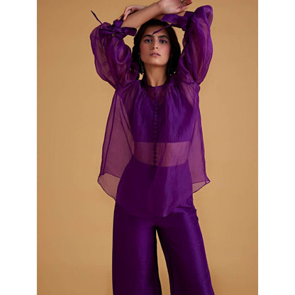 Medha Batra Organza Balloon Full Sleeves Shirt With Bustier & Pants (Set of 3)