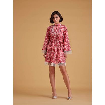 Medha Batra Raglan Bell Sleeve, Mini Dress Fringe Braided Belt