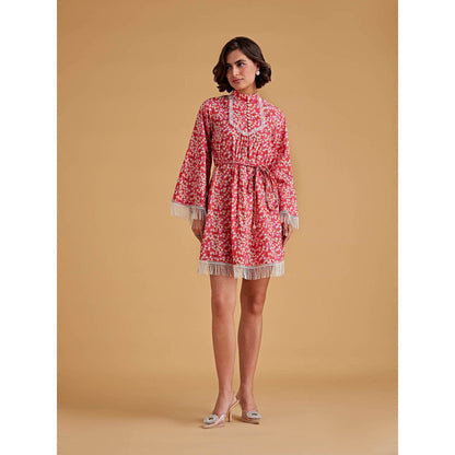 Medha Batra Raglan Bell Sleeve, Mini Dress Fringe Braided Belt