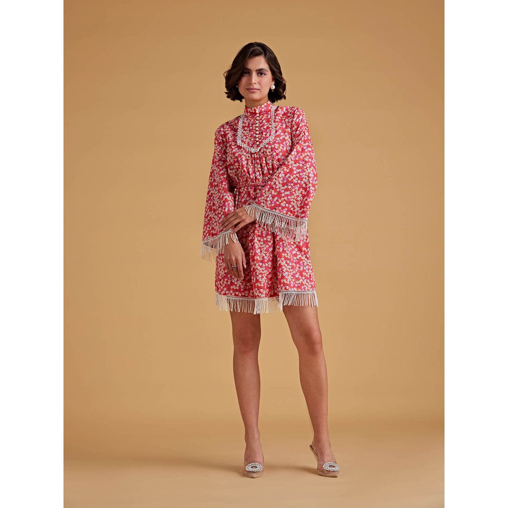 Medha Batra Raglan Bell Sleeve, Mini Dress Fringe Braided Belt