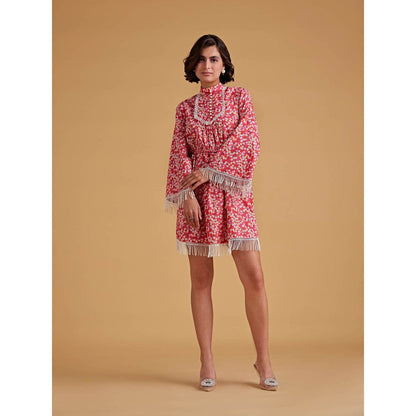 Medha Batra Raglan Bell Sleeve, Mini Dress Fringe Braided Belt