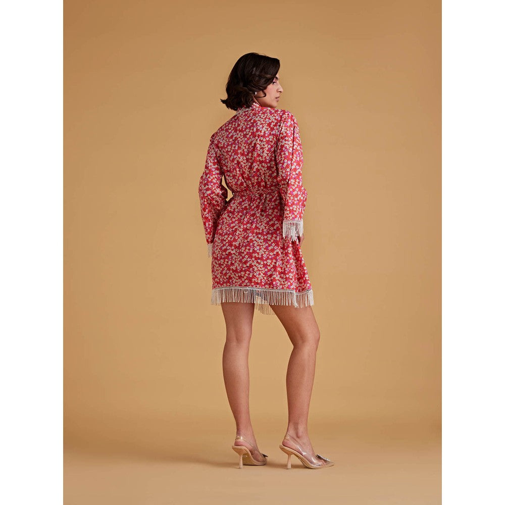 Medha Batra Raglan Bell Sleeve, Mini Dress Fringe Braided Belt