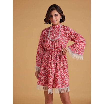 Medha Batra Raglan Bell Sleeve, Mini Dress Fringe Braided Belt