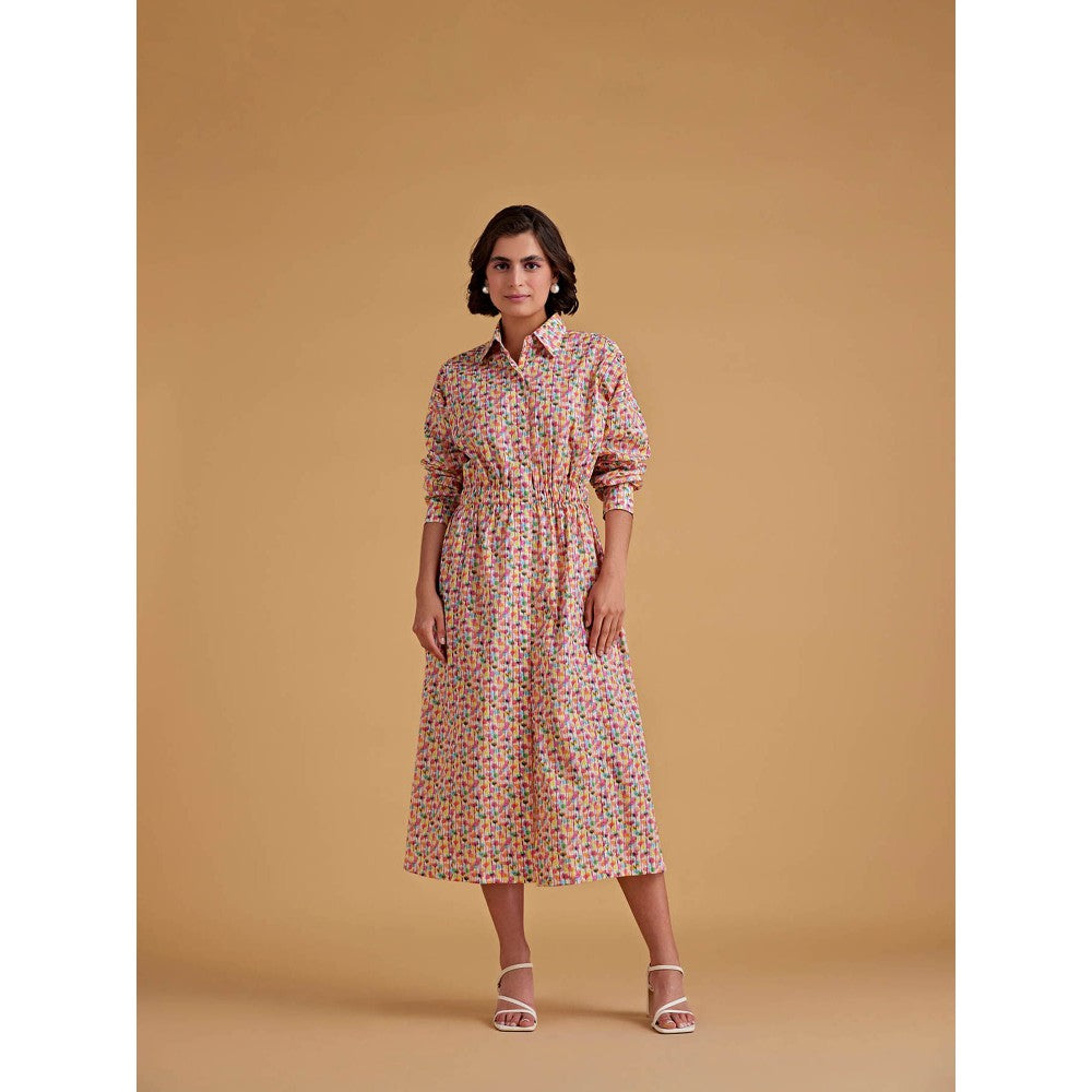 Medha Batra Shirt Midi Dress, Gathered Elastic Waist Line Dress