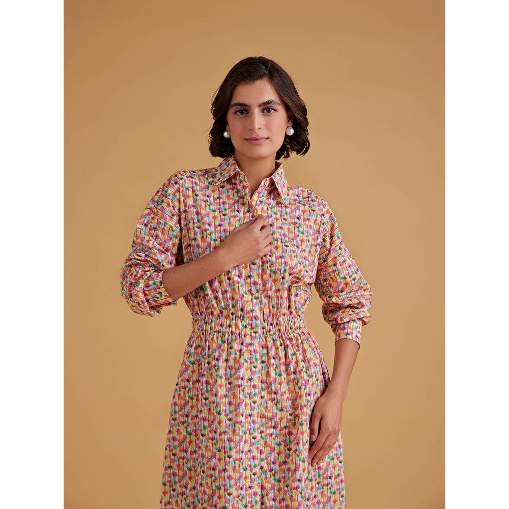 Medha Batra Shirt Midi Dress, Gathered Elastic Waist Line Dress