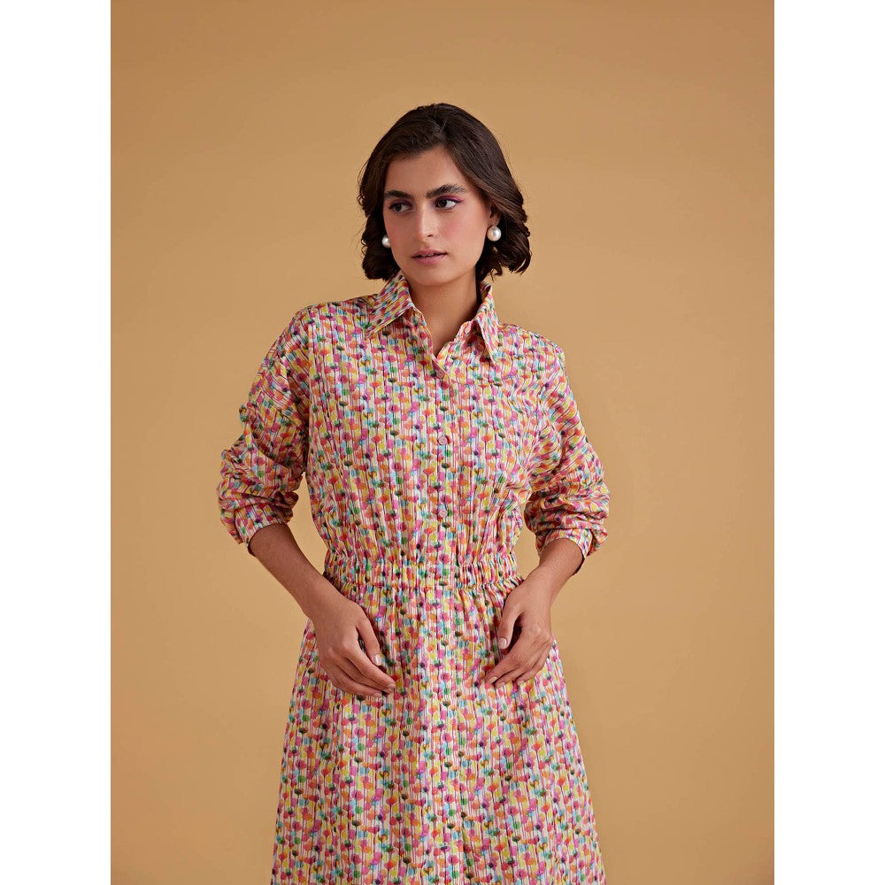 Medha Batra Shirt Midi Dress, Gathered Elastic Waist Line Dress