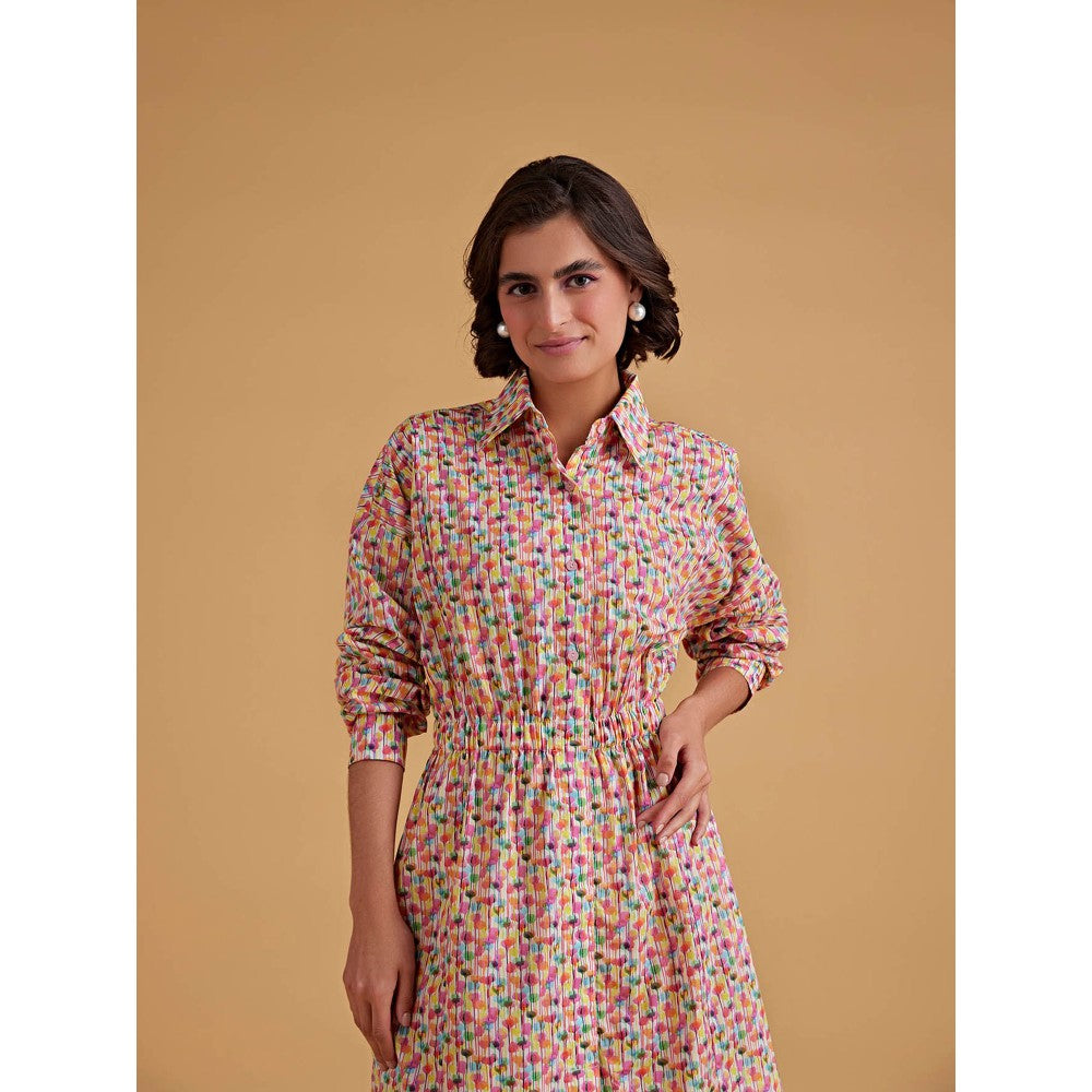 Medha Batra Shirt Midi Dress, Gathered Elastic Waist Line Dress