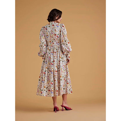 Medha Batra Standard Tie Collar Calf Length Dress Placket Till Waist, Puff Balloon Sleeves